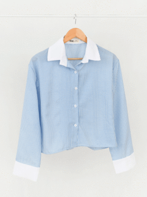 شومیز راه راه آبی یقه سفید