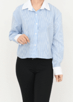 شومیز راه راه آبی یقه سفید - Image 4