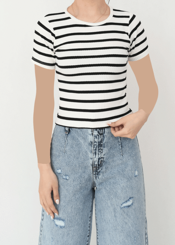 تیشرت-راه-راه-ساده--(4) تیشرت راه راه سفید مشکی یقه گرد - Image 3