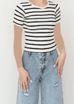 تیشرت راه راه سفید مشکی یقه گرد - Image 4