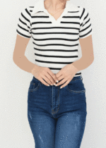 تیشرت راه راه یقه دار سفید مشکی - Image 4