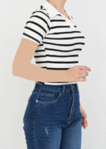 تیشرت راه راه یقه دار سفید مشکی - Image 5