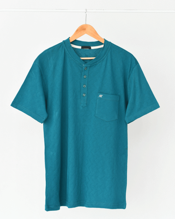 تیشرت مردانه جیب دار جلو دکمه سبز آبی - Image 1