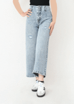 شلوار واید لگ آبی روشن زاپدار - Image 4