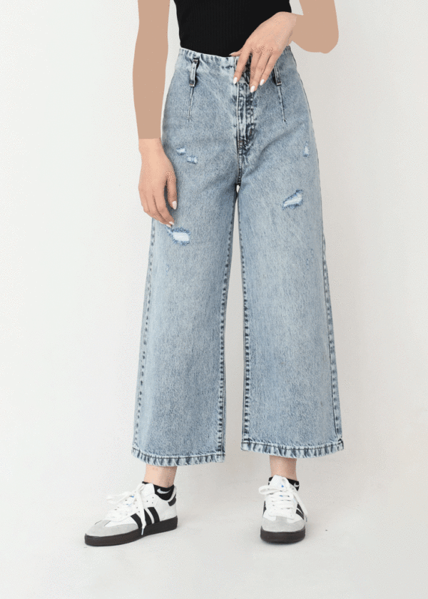 شلوار واید لگ آبی روشن زاپدار - Image 3