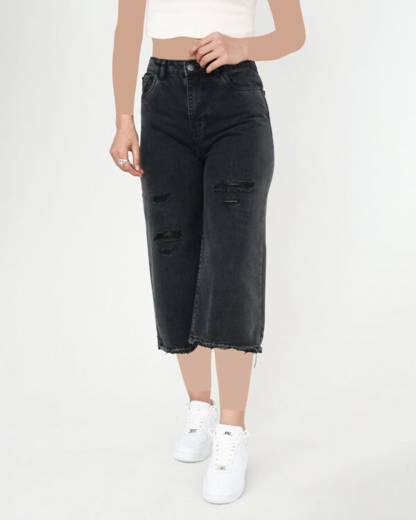 شلوار جین بگ کوتاه ذغالی زاپدار - Image 4