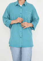 شومیز کتان آستین بلند تک جیب کله غازی - Image 2