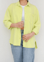 شومیز کتان آستین بلند تک جیب سبز