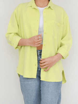 شومیز کتان آستین بلند تک جیب سبز