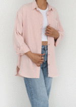 شومیز کتان آستین بلند تک جیب صورتی