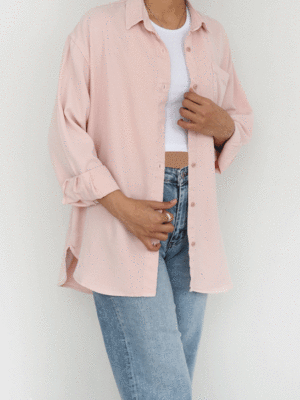 شومیز کتان آستین بلند تک جیب صورتی