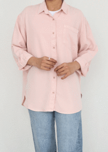 شومیز کتان آستین بلند تک جیب صورتی - Image 3