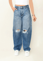 شلوار بوی فرند آبی زاپدار - Image 3