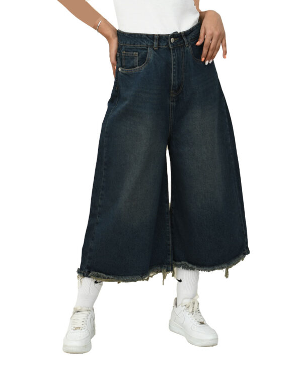 شلوار بگ کوتاه دمپا ریش آبی کدر - Image 4