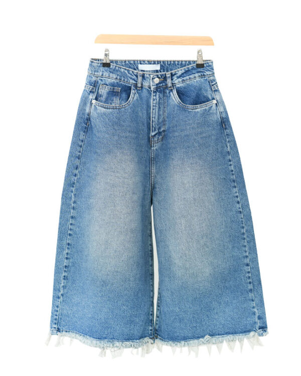 شلوار جین شورت بگ آبی پایین ریش - Image 1