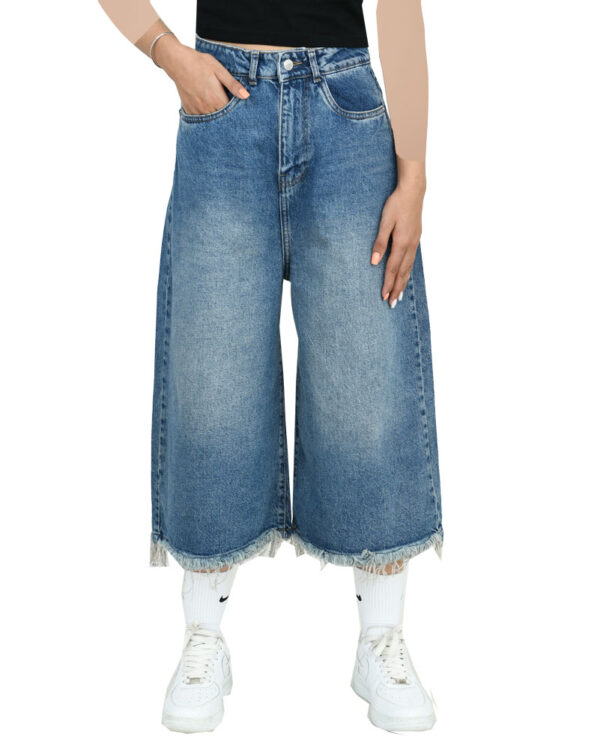 شلوار جین شورت بگ آبی پایین ریش - Image 7