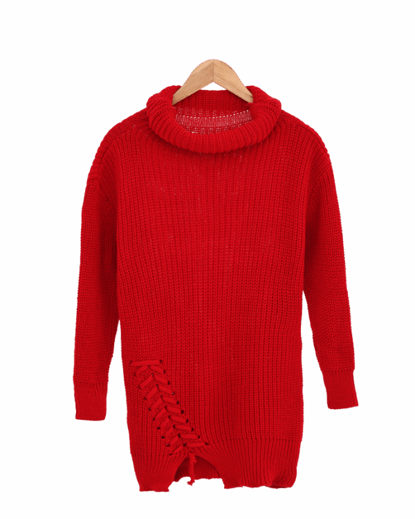 بافت-قرمز-بندی-(2) تونیک بافت یقه اسکی - Image 1